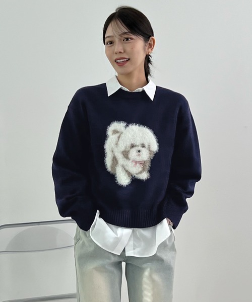 Futier land(フューティアランド)の「ふわふわフェザードッグニットトップス(ニット/セーター・レディース・ネイビー/ブラック/チャコールグレー・FREE)」の2枚目の写真