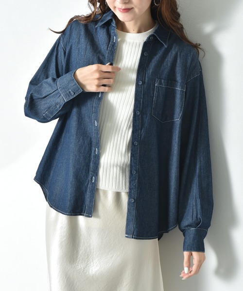 INTERPLANET(インタープラネット)の「デニムツイル台付衿ワイドシャツ(シャツ/ブラウス・レディース・インディゴブルー/オフホワイト/ブルー・FREE)」の3枚目の写真