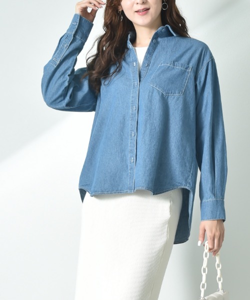 INTERPLANET(インタープラネット)の「デニムツイル台付衿ワイドシャツ(シャツ/ブラウス・レディース・インディゴブルー/オフホワイト/ブルー・FREE)」の1枚目の写真