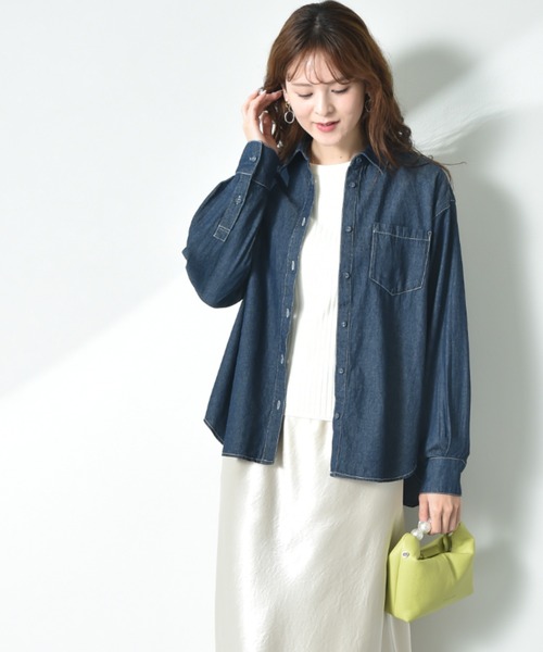 INTERPLANET(インタープラネット)の「デニムツイル台付衿ワイドシャツ(シャツ/ブラウス・レディース・インディゴブルー/オフホワイト/ブルー・FREE)」の8枚目の写真
