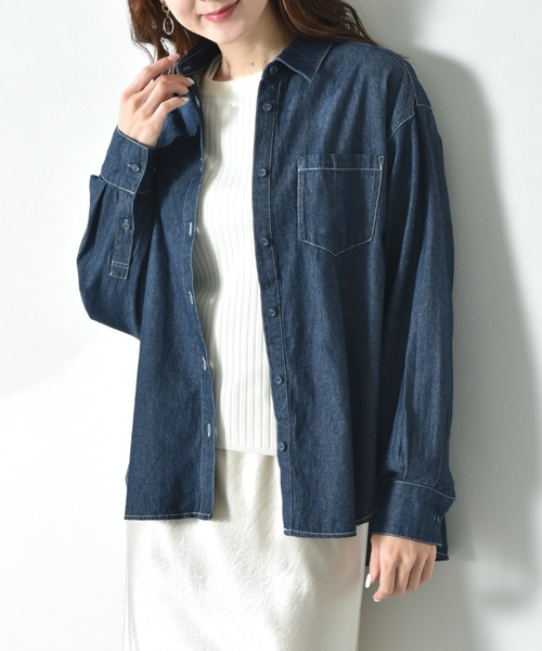 INTERPLANET(インタープラネット)の「デニムツイル台付衿ワイドシャツ(シャツ/ブラウス・レディース・インディゴブルー/オフホワイト/ブルー・FREE)」の11枚目の写真