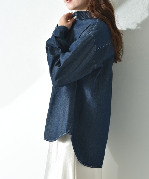 INTERPLANET(インタープラネット)の「デニムツイル台付衿ワイドシャツ(シャツ/ブラウス・レディース・インディゴブルー/オフホワイト/ブルー・FREE)」の12枚目の写真