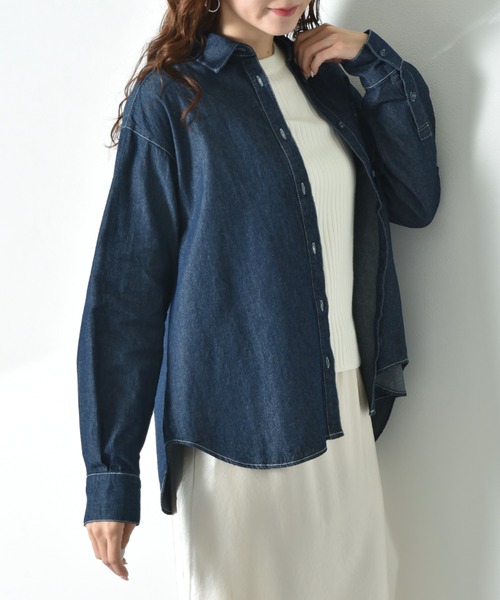 INTERPLANET(インタープラネット)の「デニムツイル台付衿ワイドシャツ(シャツ/ブラウス・レディース・インディゴブルー/オフホワイト/ブルー・FREE)」の5枚目の写真