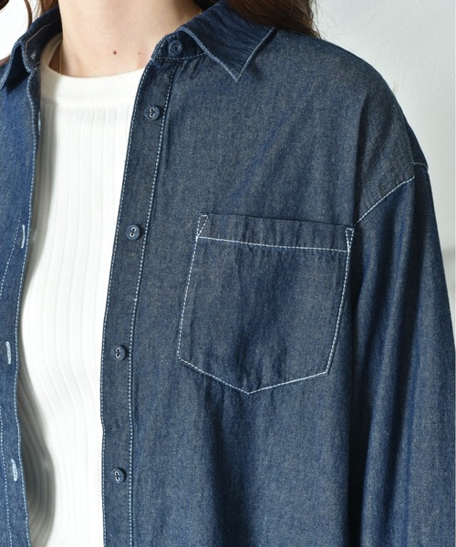 INTERPLANET(インタープラネット)の「デニムツイル台付衿ワイドシャツ(シャツ/ブラウス・レディース・インディゴブルー/オフホワイト/ブルー・FREE)」の6枚目の写真