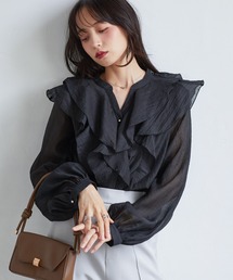 ラッフルフリルシアーキーネックブラウス