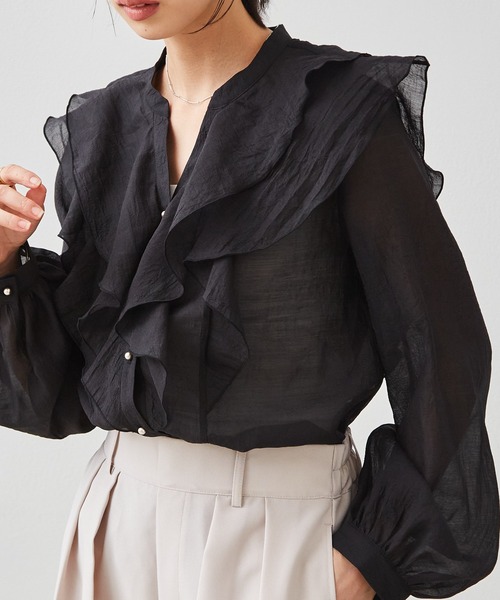 RANAN(ラナン)の「ラッフルフリルシアーキーネックブラウス(シャツ/ブラウス・レディース・アイボリー/ブルー/ブラック・M/L/LL)」の8枚目の写真