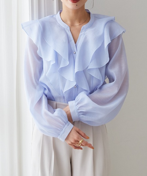 RANAN(ラナン)の「ラッフルフリルシアーキーネックブラウス(シャツ/ブラウス・レディース・アイボリー/ブルー/ブラック・M/L/LL)」の17枚目の写真