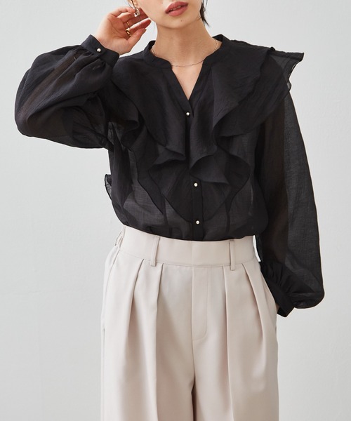 RANAN(ラナン)の「ラッフルフリルシアーキーネックブラウス(シャツ/ブラウス・レディース・アイボリー/ブルー/ブラック・M/L/LL)」の9枚目の写真