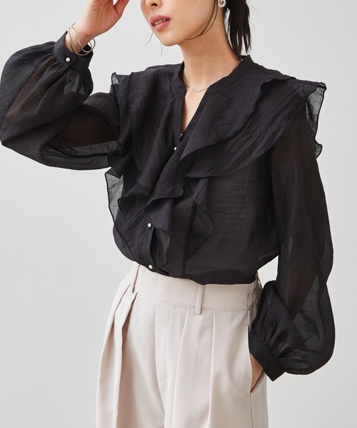 RANAN(ラナン)の「ラッフルフリルシアーキーネックブラウス(シャツ/ブラウス・レディース・アイボリー/ブルー/ブラック・M/L/LL)」の10枚目の写真