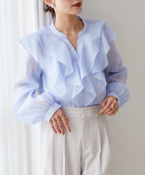RANAN(ラナン)の「ラッフルフリルシアーキーネックブラウス(シャツ/ブラウス・レディース・アイボリー/ブルー/ブラック・M/L/LL)」の15枚目の写真