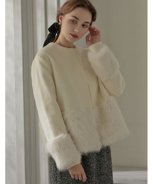 MEISM（ミズム）の「[MEISM by Re:EDIT][2025AW COLLECTION]異素材切り替えファートリムノーカラーコート（ノーカラージャケット・レディース・ホワイト/ブラック・MEDIUM/LARGE）」の15枚目の写真