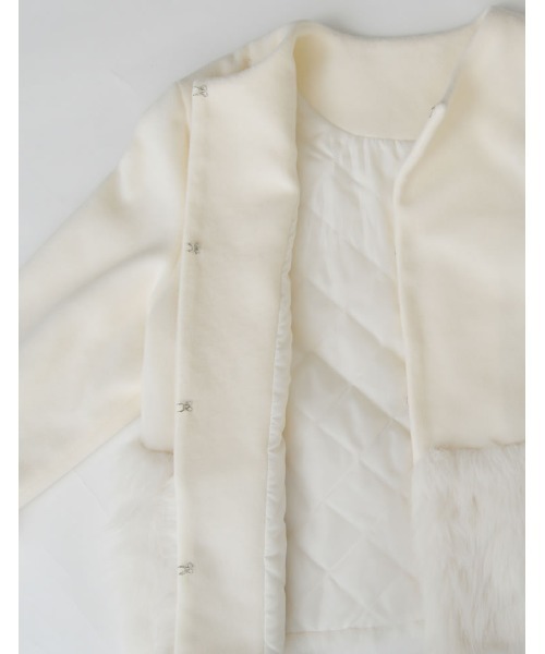 ホワイト フリンジ ノーカラージャケット 限定版 MEISM by Re:EDIT][2025AW COLLECTION]異素材切り替えファートリムノー