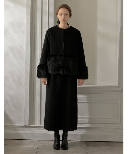 極美品✨エストネーション ノーカラーウールコート ジャケット 切替ファー S 黒 MEISM by Re:EDIT][2025AW COLLECTION]異素材切り替えファートリムノー