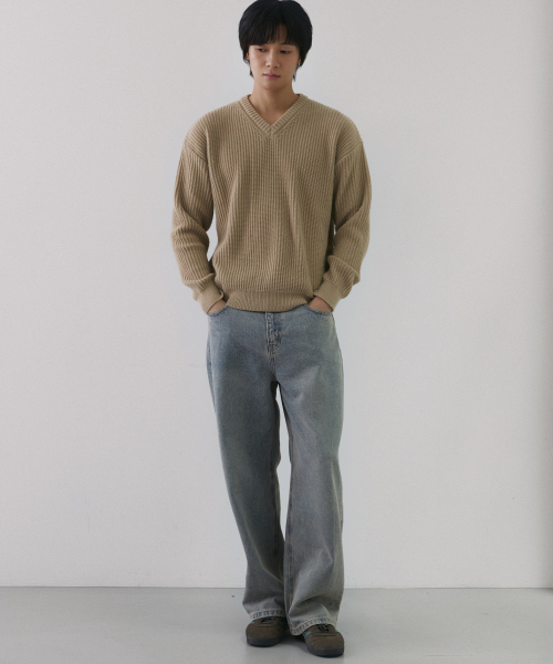 NODU（ノードユー）の「Vネックワッフルエッセンシャルニット [ベージュ]（ニット/セーター・メンズ・その他・MEDIUM/LARGE）」の3枚目の写真