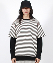 M LAYERED SLEEVE BOXY FIT CREW NECK T-SHIRT STRIPE-IVORY