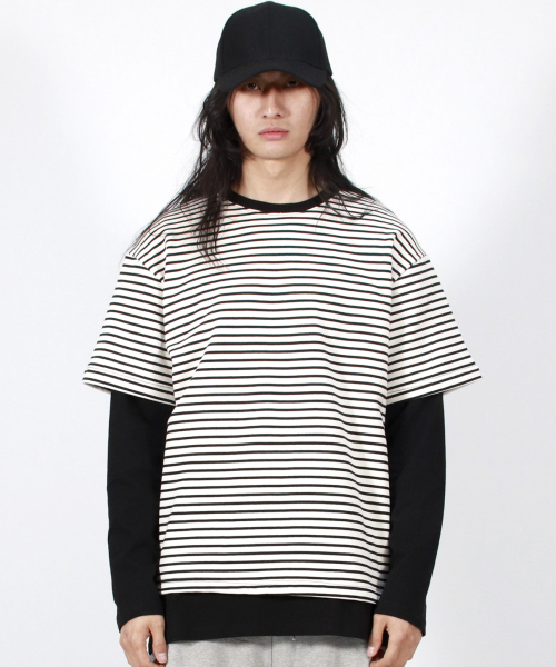 DEMARC(ドゥマーク)の「M LAYERED SLEEVE BOXY FIT CREW NECK T-SHIRT STRIPE-IVORY(Tシャツ/カットソー・メンズ・その他・MEDIUM/LARGE)」の1枚目の写真