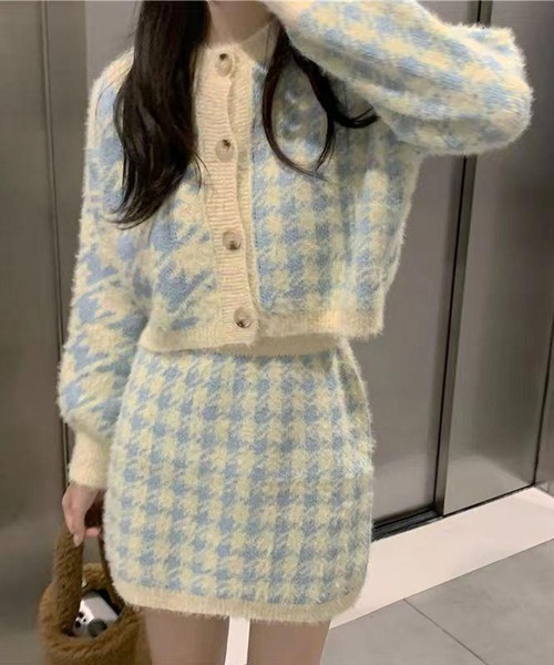 セール】千鳥柄ニットカーディガン×キャミソール×ミニスカート 3点