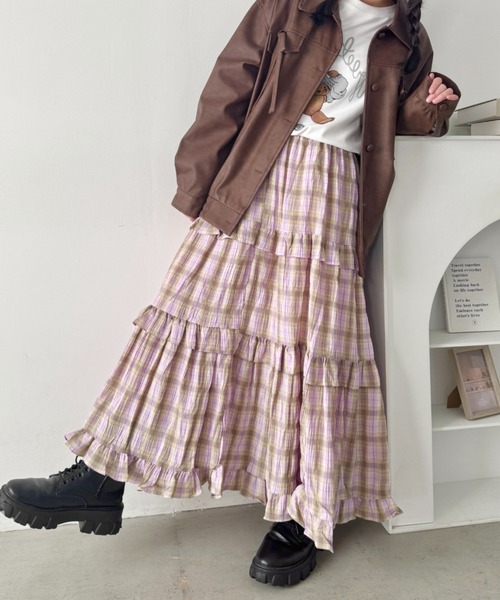 SOLLON.(ソルロン)の「フリフリチェックティアードロングスカート(スカート・レディース・イエロー/ラベンダー/パープル/ピンク/ブラック・FREE)」の3枚目の写真
