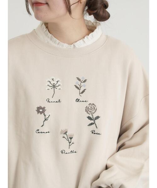 Samansa Mos2（サマンサ モスモス）の「クロスステッチフラワー刺繍スウェット（Tシャツ/カットソー・レディース・ダークブラウン/オレンジ/キナリ・F）」の4枚目の写真
