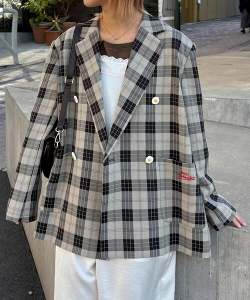 △美品【HELLO.SANFRANCISCOフラワー釦チェックオーバージャケット HELLO.SANFRANCISCO】フラワー釦チェックオーバージャケット