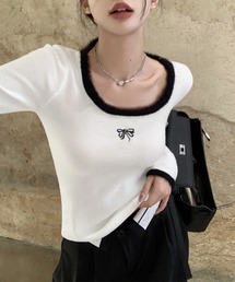Tシャツ クールネック 刺しゅう 秋冬
