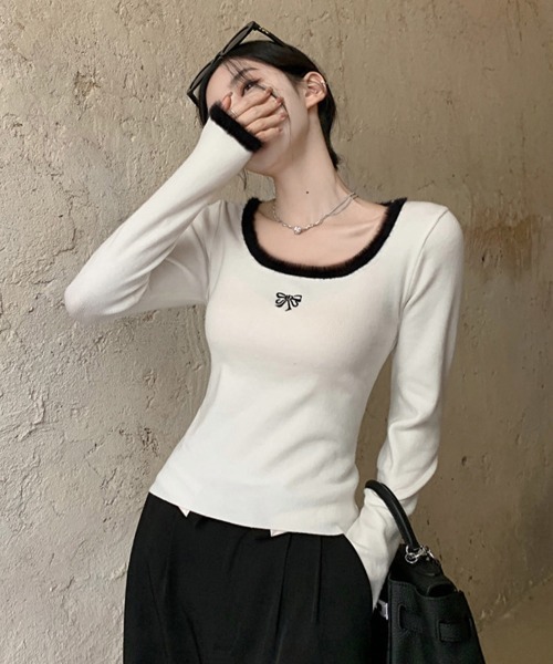 Miniministore（ミニミニストア）の「Tシャツ クールネック 刺しゅう 秋冬（Tシャツ/カットソー・レディース・ブラック/ホワイト/ピンク・M/S/L）」の16枚目の写真