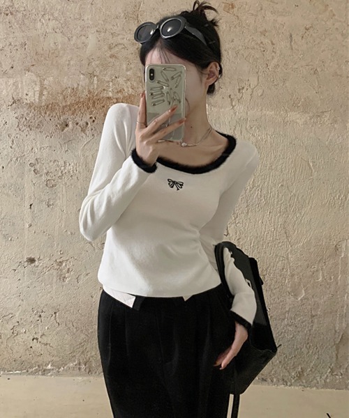 Miniministore（ミニミニストア）の「Tシャツ クールネック 刺しゅう 秋冬（Tシャツ/カットソー・レディース・ブラック/ホワイト/ピンク・M/S/L）」の17枚目の写真