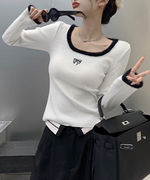 Miniministore（ミニミニストア）の「Tシャツ クールネック 刺しゅう 秋冬（Tシャツ/カットソー・レディース・ブラック/ホワイト/ピンク・M/S/L）」の18枚目の写真