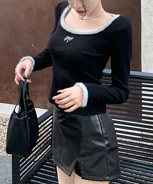 Miniministore（ミニミニストア）の「Tシャツ クールネック 刺しゅう 秋冬（Tシャツ/カットソー・レディース・ブラック/ホワイト/ピンク・M/S/L）」の6枚目の写真