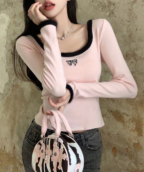 Miniministore（ミニミニストア）の「Tシャツ クールネック 刺しゅう 秋冬（Tシャツ/カットソー・レディース・ブラック/ホワイト/ピンク・M/S/L）」の8枚目の写真