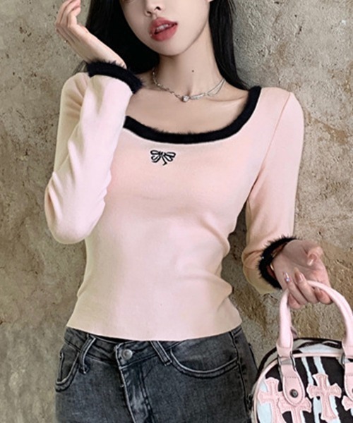 Miniministore（ミニミニストア）の「Tシャツ クールネック 刺しゅう 秋冬（Tシャツ/カットソー・レディース・ブラック/ホワイト/ピンク・M/S/L）」の9枚目の写真