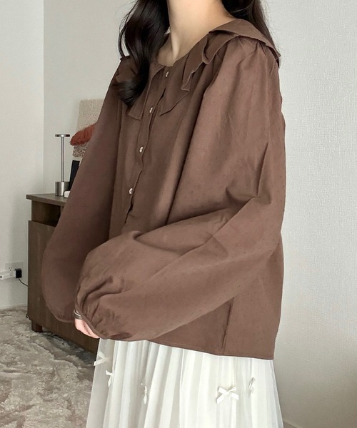 Cham.（チャム）の「フリルカラーブラウス（シャツ/ブラウス・レディース・ブラウン/オフホワイト・F）」の10枚目の写真