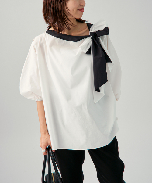 VERMEIL par iena（ヴェルメイユパーイエナ）の「リボンブラウス（シャツ/ブラウス・レディース・ネイビー/ホワイト・FREE）」の7枚目の写真