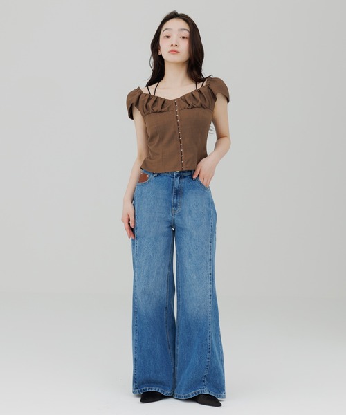 SENEE(セニー)の「front hook gathered tops(フロントホックギャザートップス)(Tシャツ/カットソー・レディース・ブラウン/ブラック・FREE)」の3枚目の写真