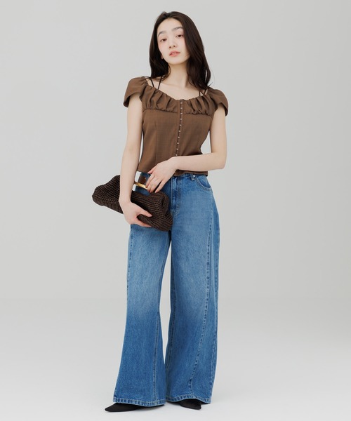 SENEE(セニー)の「front hook gathered tops(フロントホックギャザートップス)(Tシャツ/カットソー・レディース・ブラウン/ブラック・FREE)」の5枚目の写真