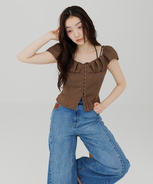 SENEE(セニー)の「front hook gathered tops(フロントホックギャザートップス)(Tシャツ/カットソー・レディース・ブラウン/ブラック・FREE)」の6枚目の写真
