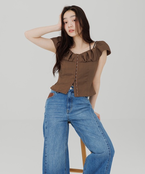 SENEE(セニー)の「front hook gathered tops(フロントホックギャザートップス)(Tシャツ/カットソー・レディース・ブラウン/ブラック・FREE)」の7枚目の写真