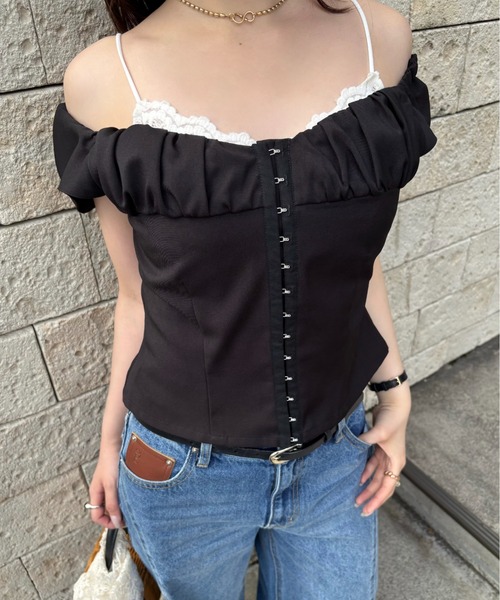 SENEE(セニー)の「front hook gathered tops(フロントホックギャザートップス)(Tシャツ/カットソー・レディース・ブラウン/ブラック・FREE)」の15枚目の写真