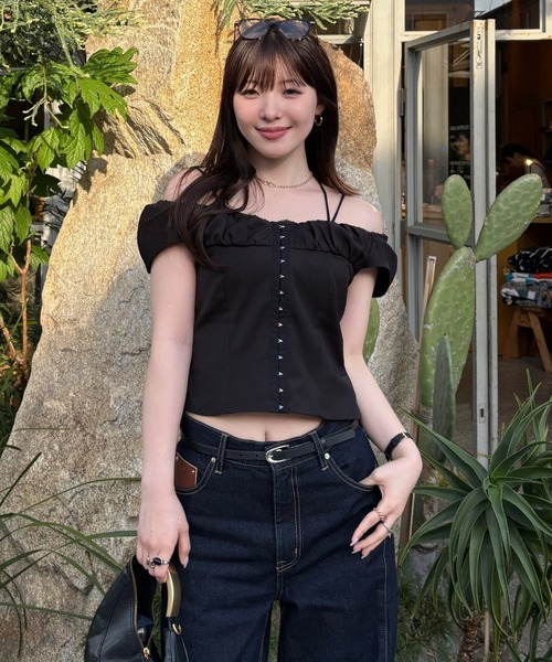 SENEE(セニー)の「front hook gathered tops(フロントホックギャザートップス)(Tシャツ/カットソー・レディース・ブラウン/ブラック・FREE)」の19枚目の写真