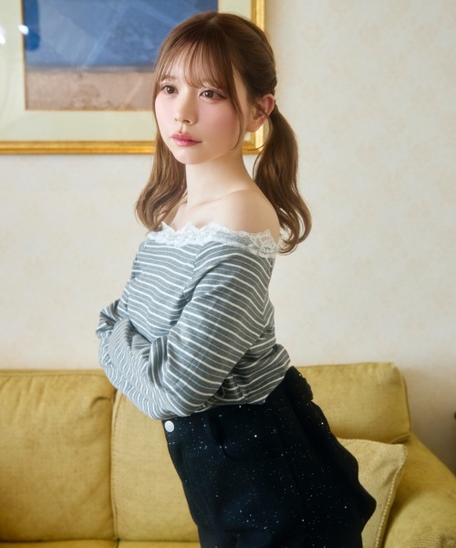 TITTY&CO.（ティティーアンドコー）の「ボーダーレースカットソー（Tシャツ/カットソー・レディース・グレー/ブラック・FREE）」の12枚目の写真
