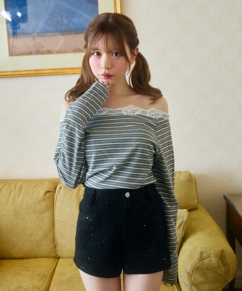 TITTY&CO.（ティティーアンドコー）の「ボーダーレースカットソー（Tシャツ/カットソー・レディース・グレー/ブラック・FREE）」の5枚目の写真