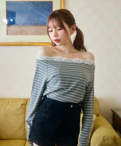 TITTY&CO.（ティティーアンドコー）の「ボーダーレースカットソー（Tシャツ/カットソー・レディース・グレー/ブラック・FREE）」の6枚目の写真