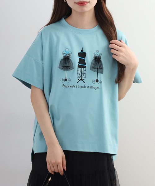 BRODIAEA(ブローディア)の「BRODIAEA トルソープリント チュール付き半袖Tシャツ 日本製(Tシャツ/カットソー・レディース・ライトグリーン/ネイビー・40)」の2枚目の写真