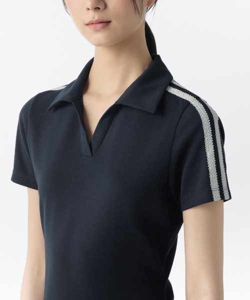 MUSINSA STANDARD WOMAN（ムシンサスタンダードウーマン）の「ウーマンズスリットネックレーストリムポロワンピース[ネイビー/アイボリー]（ワンピース・レディース・その他・X-SMALL/SMALL）」の4枚目の写真