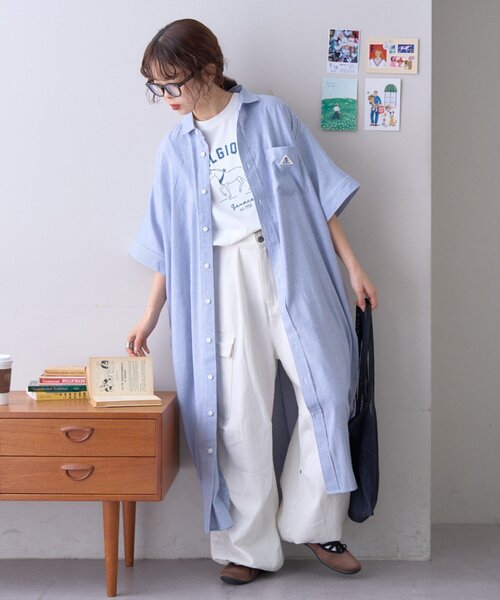 GEVACO(ゲバコ)の「【GEVACO】綿麻半袖シャツワンピース(ワンピース・レディース・ブラック/ブルー・ONE SIZE)」の4枚目の写真