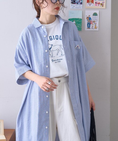 GEVACO(ゲバコ)の「【GEVACO】綿麻半袖シャツワンピース(ワンピース・レディース・ブラック/ブルー・ONE SIZE)」の5枚目の写真