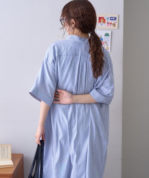 GEVACO(ゲバコ)の「【GEVACO】綿麻半袖シャツワンピース(ワンピース・レディース・ブラック/ブルー・ONE SIZE)」の7枚目の写真