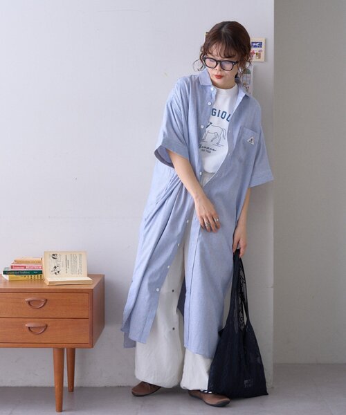 GEVACO(ゲバコ)の「【GEVACO】綿麻半袖シャツワンピース(ワンピース・レディース・ブラック/ブルー・ONE SIZE)」の9枚目の写真