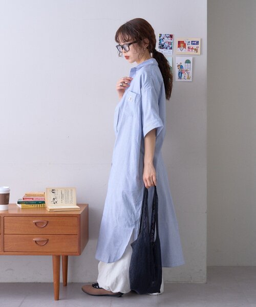 GEVACO(ゲバコ)の「【GEVACO】綿麻半袖シャツワンピース(ワンピース・レディース・ブラック/ブルー・ONE SIZE)」の10枚目の写真