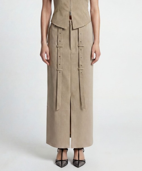 TAJEN:T(タジェント)の「【TAJEN:T】BELT DESIGN SLIT LONG SKIRT/ベルトデザインスリットロングスカート/セットアップ着用可能(スカート・レディース・ベージュ/グレー・2/1)」の1枚目の写真